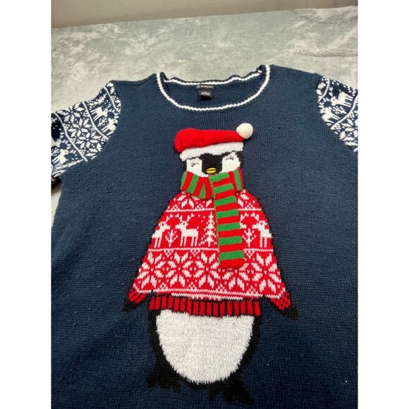 Christmas Penguin Sweater Womens XL Blue Fair Isle Knit New Directions Cozy Y2K - Picture 7 of 9